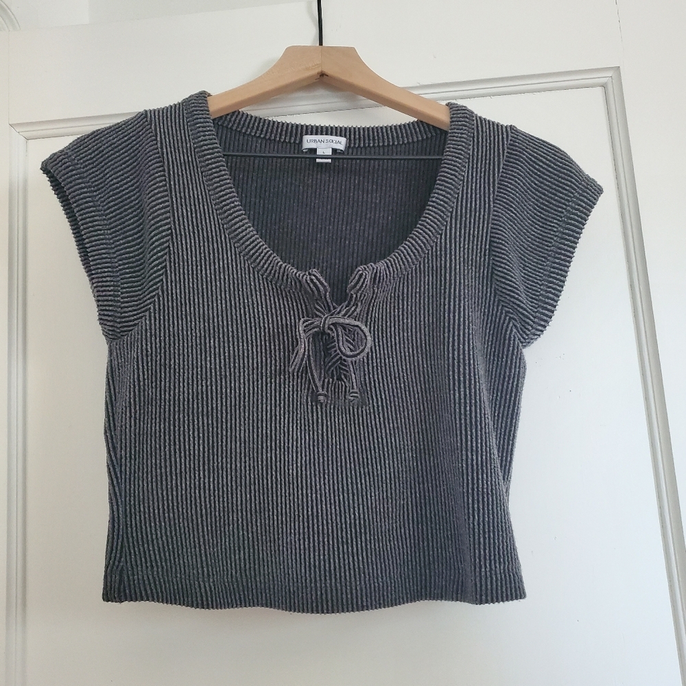 Gray Ribbed Crop Top with Tie Front